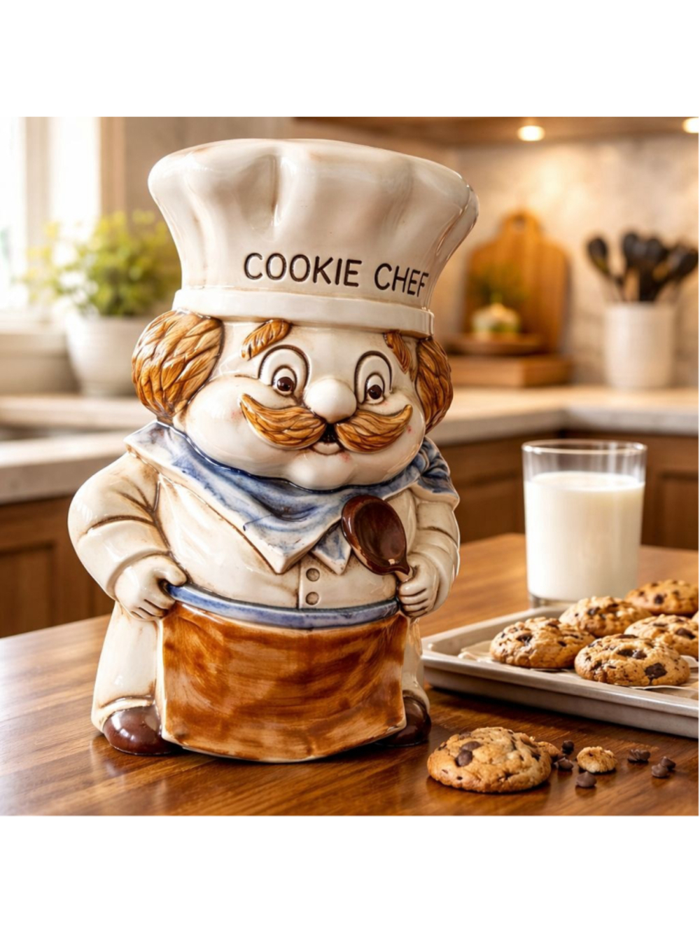 Vtg Cookie Chef Ceramic Cookie Jar White Brown Quaint Home Decor Kitchen